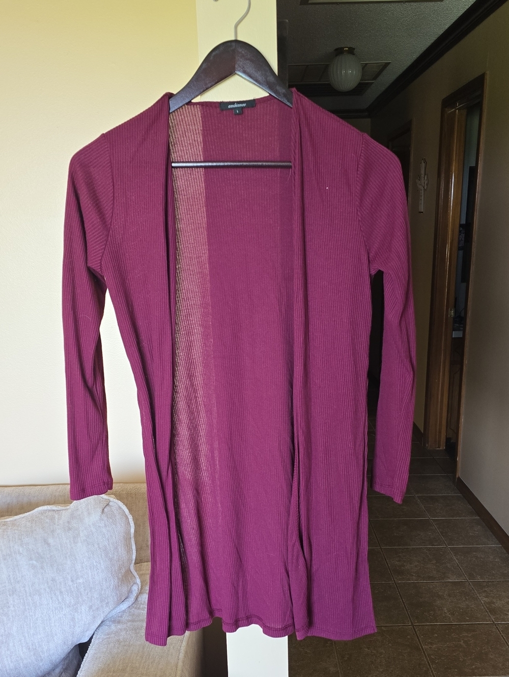 Ambiance Open-Front Ribbed Long Cardigan - Burgundy